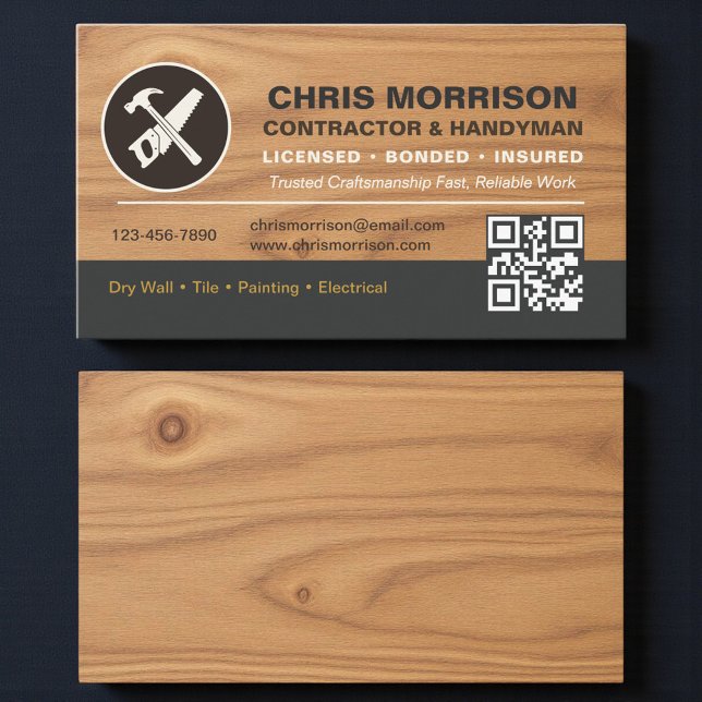 Carte De Visite QR Code Wood Contractor Handyman Tools Logo (Créateur téléchargé)