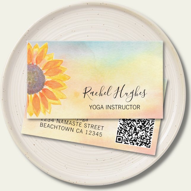 Carte De Visite QR Code Yoga Instructeur Tournesol Aquarelle (Créateur téléchargé)