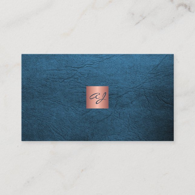 Carte De Visite QR elegant luxury blue leather rose gold monogram  (Devant)