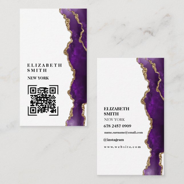 Carte de visite QR en marbre violet texture (Devant / Derrière)
