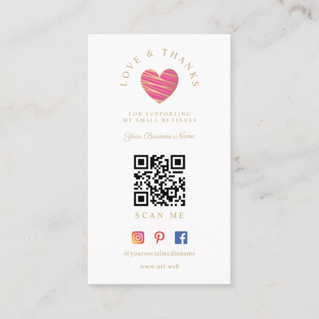 Carte De Visite QR Hot Pink Heart Love & Thanks Supporting (Devant)
