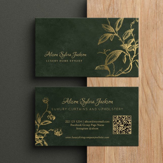 Carte De Visite QR Luxe vert élégant faux feuille d'or feuillage (Créateur téléchargé)