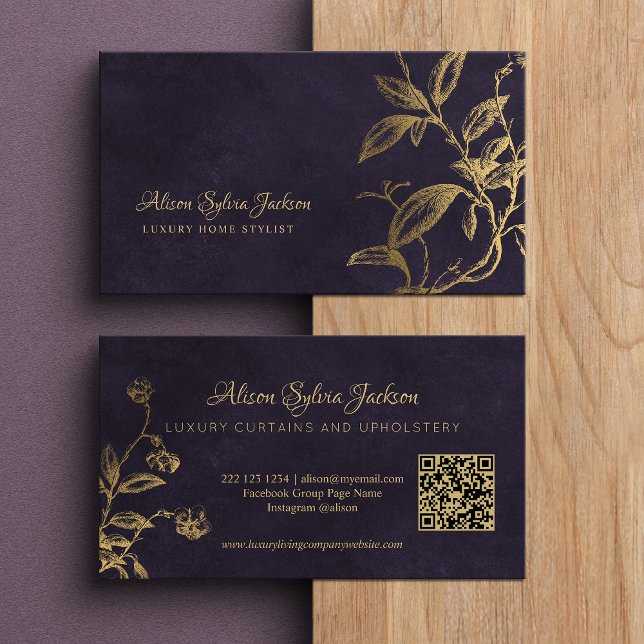 Carte De Visite QR Luxe violet élégant feuillage à motif de feuill (Créateur téléchargé)