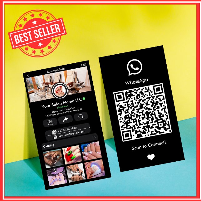 Carte de visite QR pour le salon de manucure noir  (Créateur téléchargé)