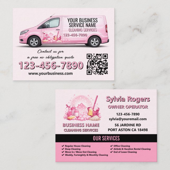 Carte de visite QR Service de nettoyage rose (Devant / Derrière)