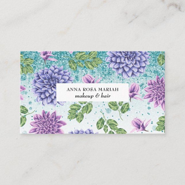 Carte De Visite *~* QR Turquoise Floral Succulent Parties scintill (Devant)