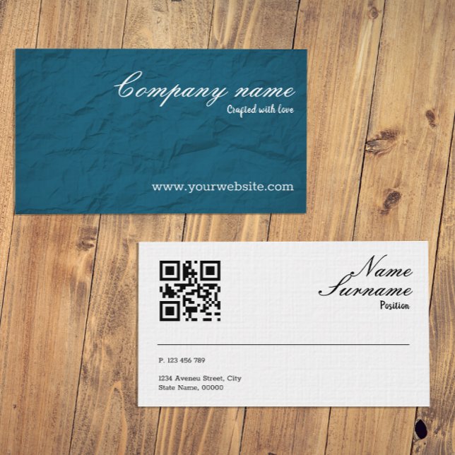 Carte de visite QR turquoise texture papier pour b (Créateur téléchargé)