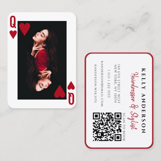 Carte De Visite Queen of Hearts Feminine Photo QR Code Hairdresser (Devant / Derrière)