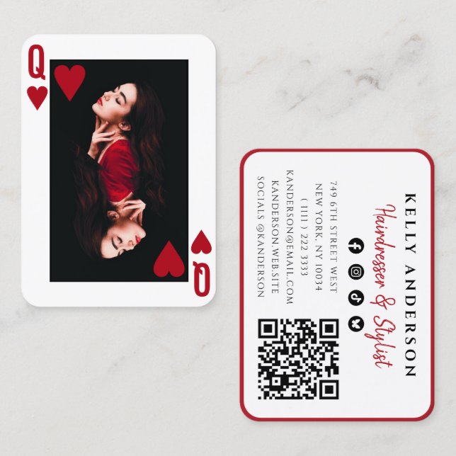 Carte De Visite Queen of Hearts Photo QR Code Social Hairdresser (Devant / Derrière)