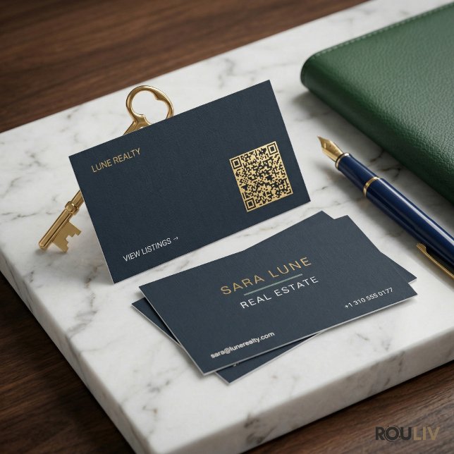 Carte De Visite Quiet Luxury Navy Gold Real Estate Agent Minimalis (Quiet Luxury Navy Gold Real Estate Agent Minimalist Dual-Side Professional Card)