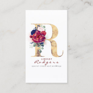 Carte De Visite R Monogramme Bourgogne Gold et Navy Blue Floral