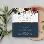 Carte De Visite Radiant Bloom | Navy & Burgundy Watercolor Floral<br><div class="desc">Elegant floral business cards feature your name and business name or title in a chic combo of block and handwritten script lettering,  topped by a lush watercolor bouquet of jewel tone flowers and greenery. Add your contact information to the reverse side in white on rich navy blue.</div>
