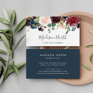 Carte De Visite Radiant Bloom   Navy & Burgundy Watercolor Floral