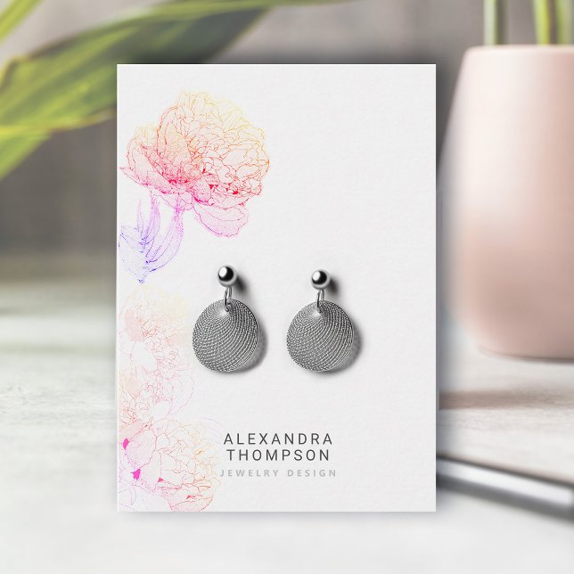 Carte De Visite Rainbow Bold Peonies Floral Sketch Bijoux Display (floral earrings jewelry display card rainbow peonies art sketch modern minimalist elegant template)