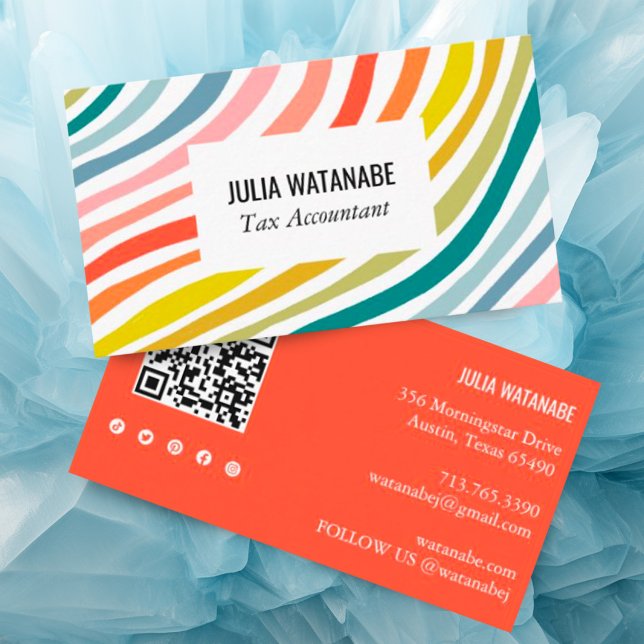 Carte De Visite Rainbow Minimale Stripes QR Code Social Media (Custom business card with QR code and social media icons and colorful bright bold stripes)