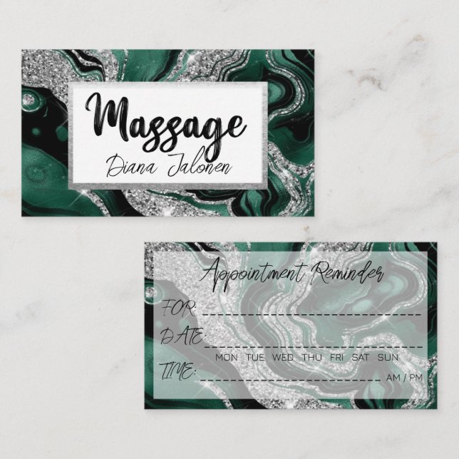 Carte De Visite Rappel de rendez-vous Massage Marbre vert argent (Devant / Derrière)