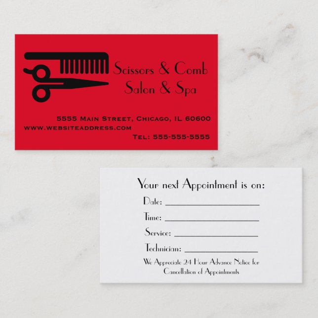 Carte De Visite Rappel de rendez-vous pour coiffeur professionnel (Devant / Derrière)