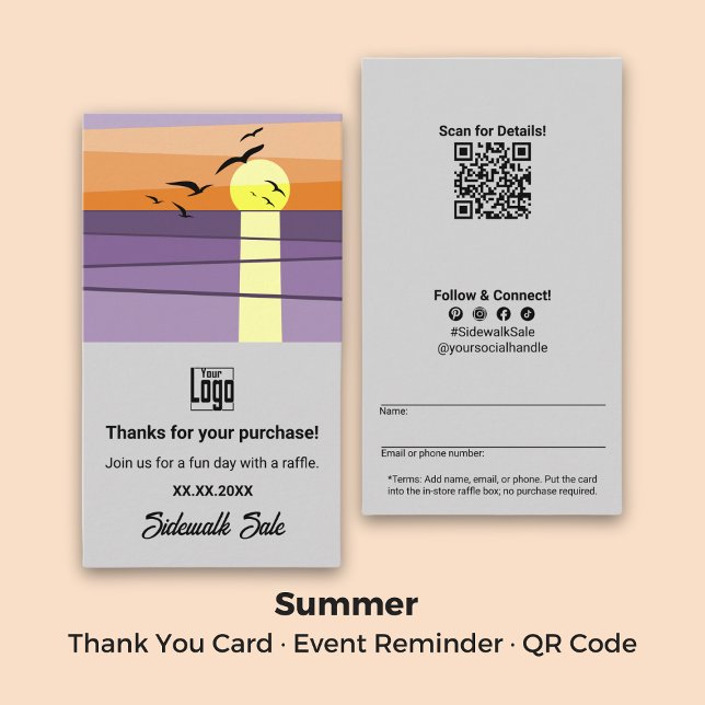 Carte De Visite Rappel d'événement · Code QR · Merci d'été (Event Reminder · QR Code · Summer Thank You Business Card)