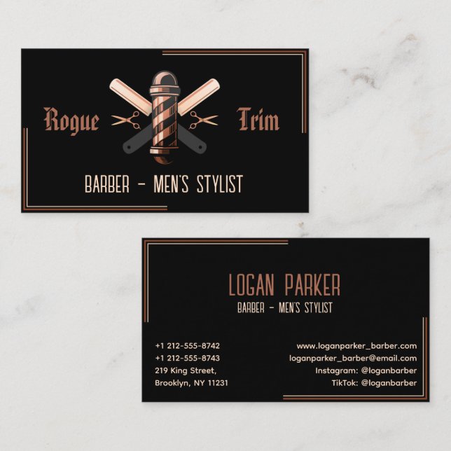 Carte De Visite Rasoir de Barbier Ciseaux Rose Gold Noir (Devant / Derrière)