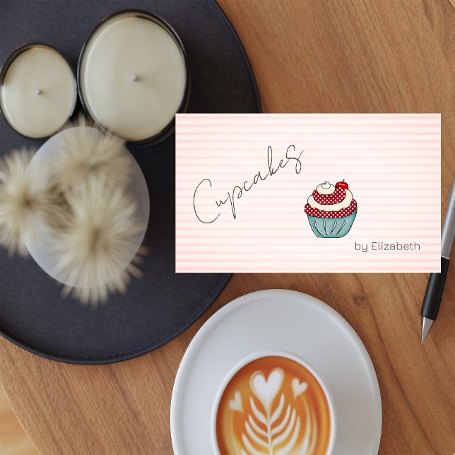 Carte de visite rayée Chic Cupcake Cherry Sweets (Créateur téléchargé)