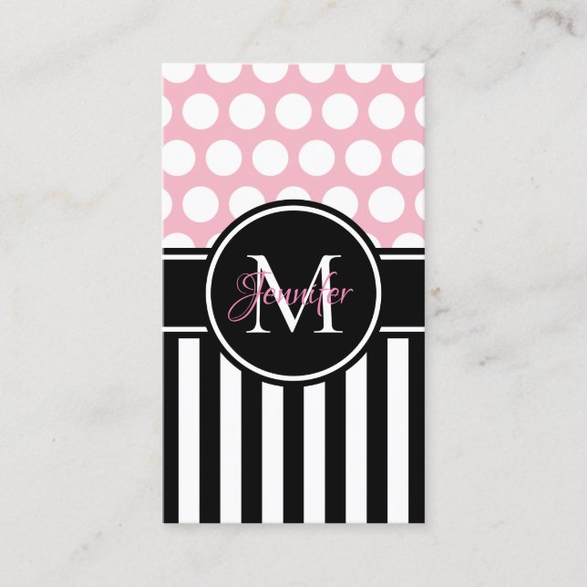 Carte De Visite Rayure Noir Blanc Pois Rose Pâle Monogramme (Devant)