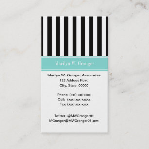 Carte De Visite Rayure Noir Blanc Ruban Turquoise Monogramme Nom