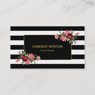 Carte De Visite Rayure noir et blanc avec or et roses vintage