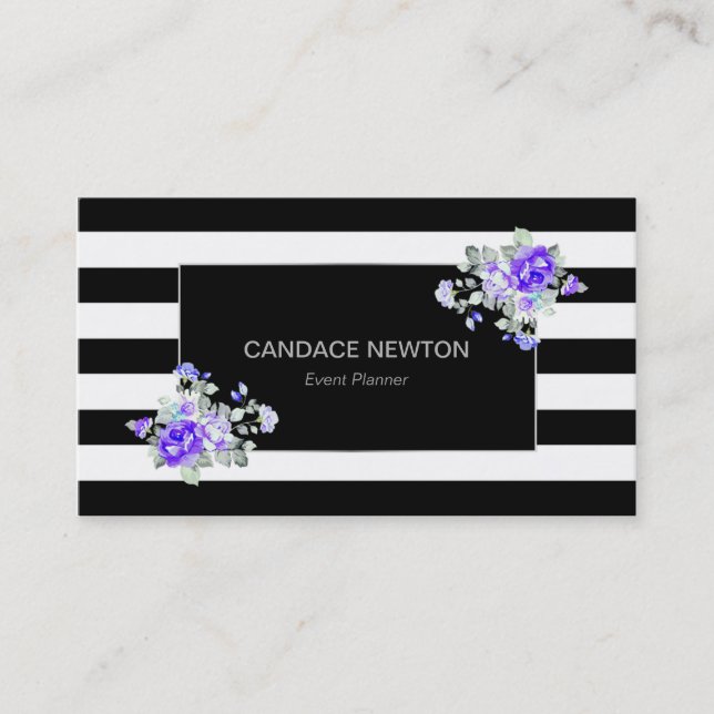 Carte De Visite Rayure noir et blanc avec roses argentées et lavan (Devant)