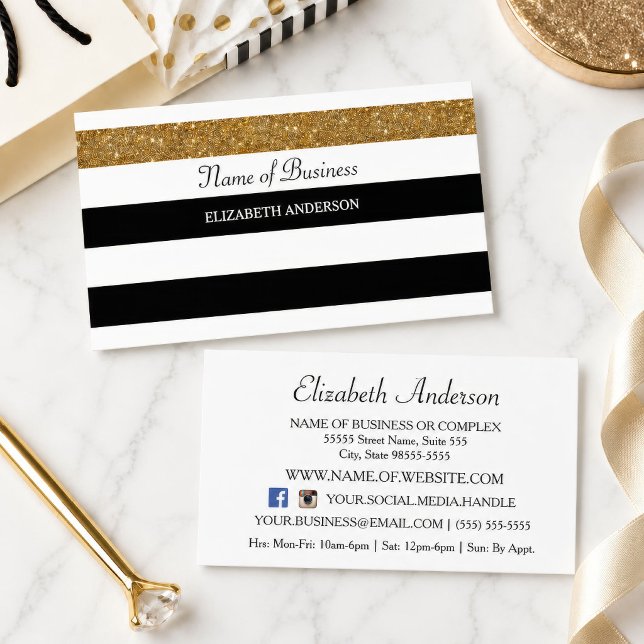 Carte De Visite Rayure pailletée or noir et blanc (Black White Gold Glitter Stripe Business Card
)
