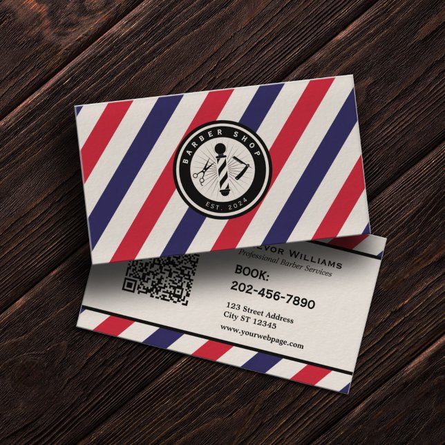 Carte De Visite Rayures de salon de coiffure logo de barbier (Créateur téléchargé)