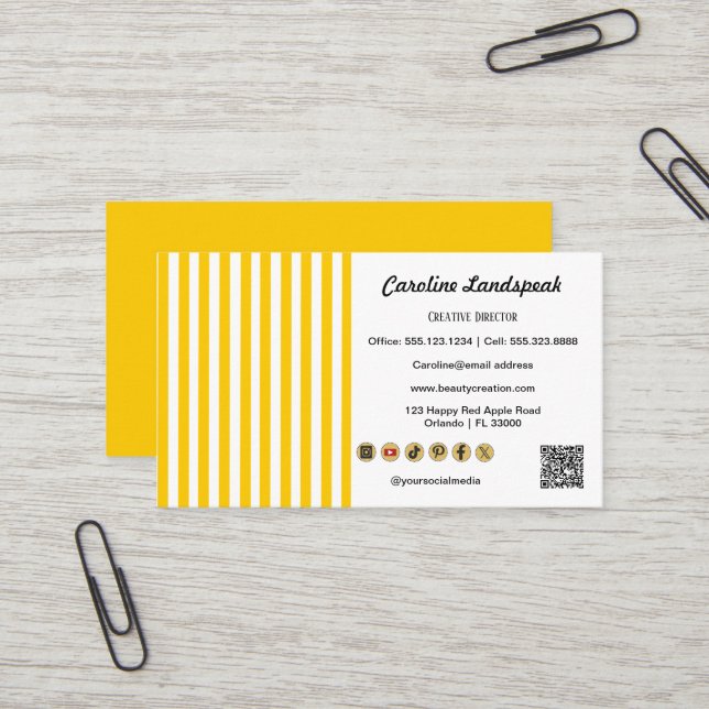 Carte De Visite Rayures Jaunes et Blanches, QR Code & Icônes Résea (Devant/Arrière en situation)