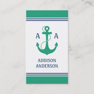 Carte De Visite Rayures nautiques avec le monogramme vert d'Ancre