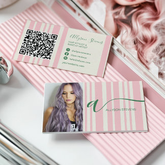 Carte De Visite Rayures preppy rose maquillage photo initial qr