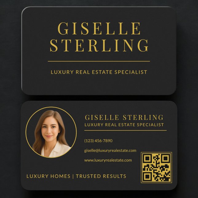 Carte De Visite Real Estate Agent  Black Gold QR Code (Créateur téléchargé)
