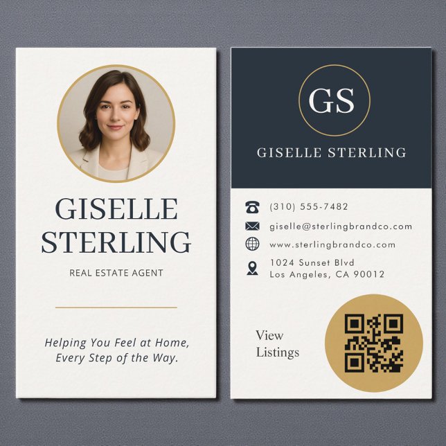 Carte De Visite Real Estate Agent Gold & Navy Photo QR Code Modern (Créateur téléchargé)