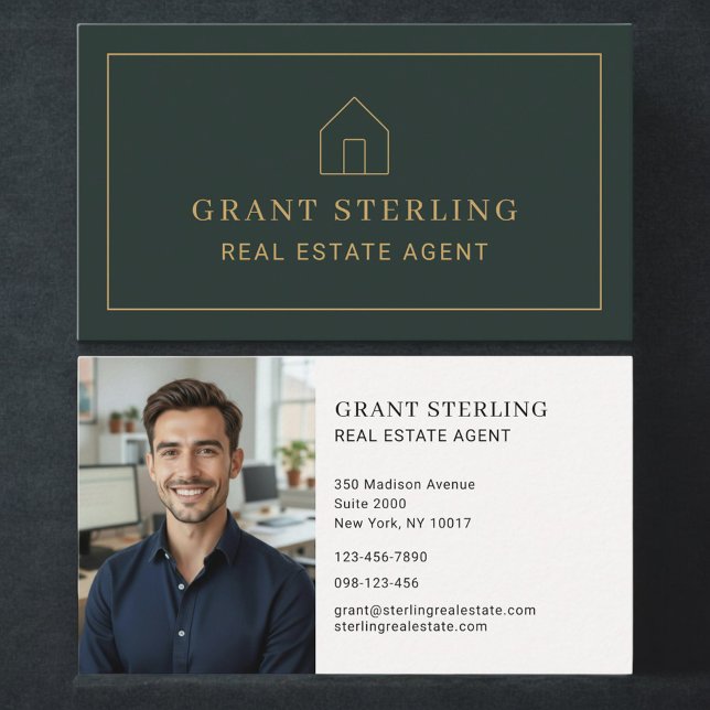 Carte De Visite Real Estate Agent Green Gold House Photo Minimal  (Créateur téléchargé)