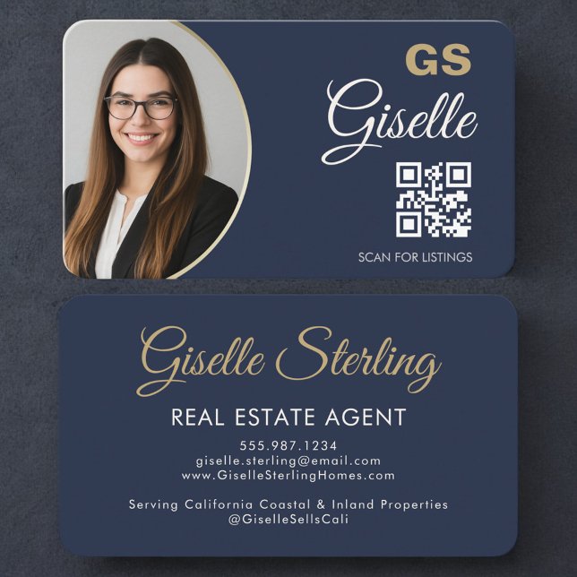 Carte De Visite Real Estate Agent Navy Blue Photo QR Code  (Créateur téléchargé)