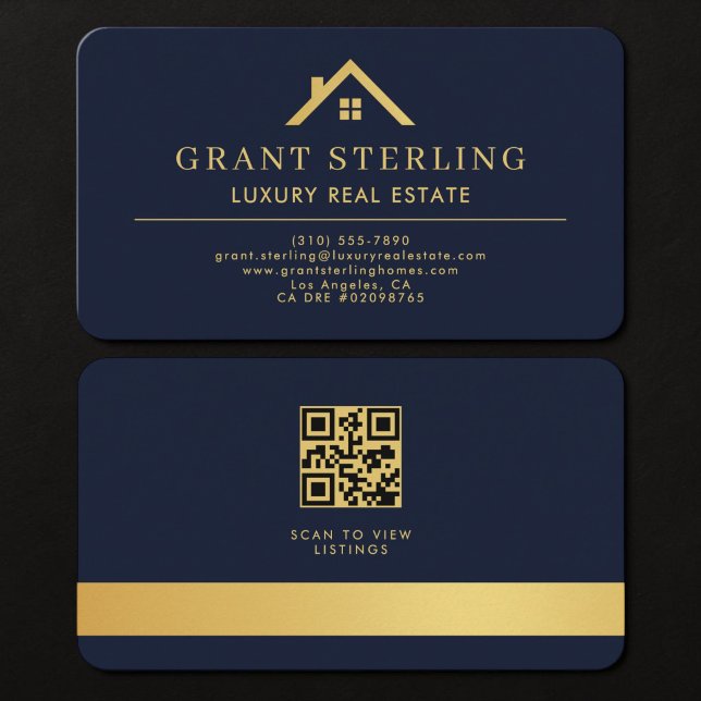Carte De Visite Real Estate Agent QR Code Navy Blue Gold (Créateur téléchargé)