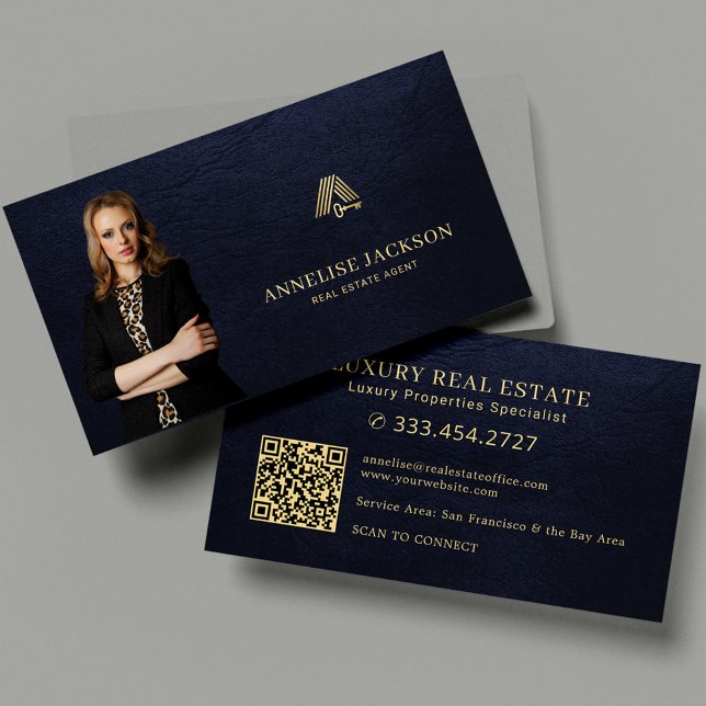 Carte De Visite Real estate agent QR code photo luxury navy gold (Créateur téléchargé)