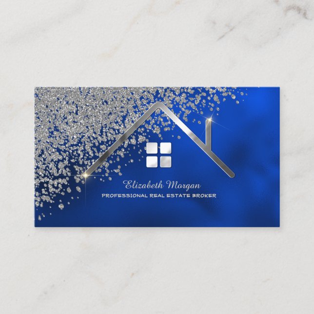 Carte De Visite Real Estate Agent Silver House Diamonds Royal Blue (Devant)