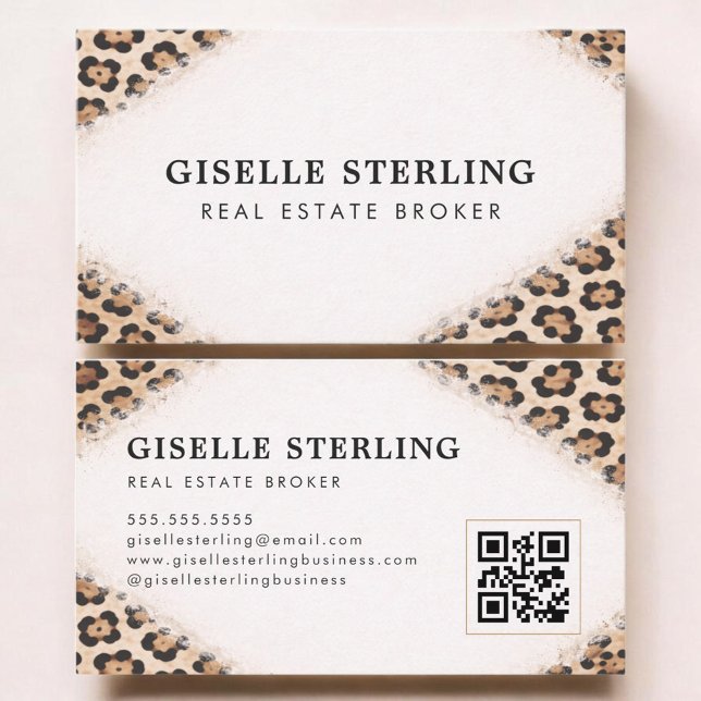 Carte De Visite Real Estate Broker Cheetah Leopard Print QR Code (Créateur téléchargé)