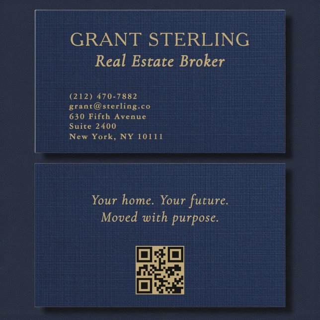 Carte De Visite Real Estate Broker Navy Blue Gold Linen QR Code  (Créateur téléchargé)