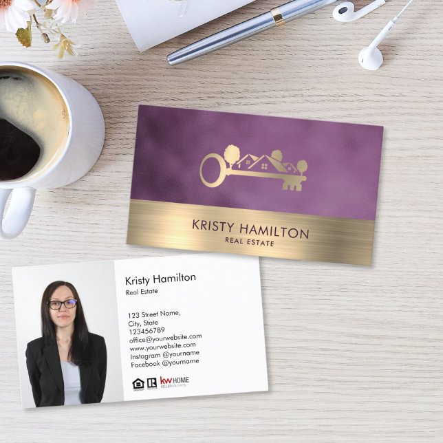 Carte De Visite real estate professional realtor key add photo bus (gold key and houses logo real estate business card with purple background)