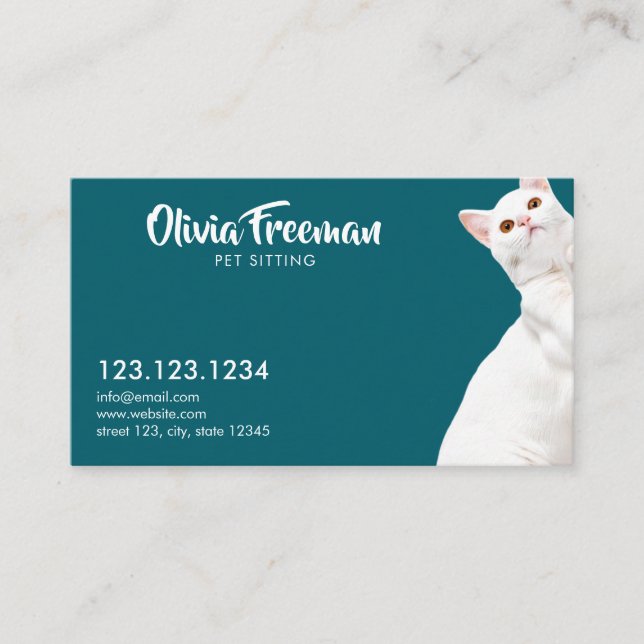 Carte De Visite Realistic Teal & White Cat Picture Pet Sitting (Devant)