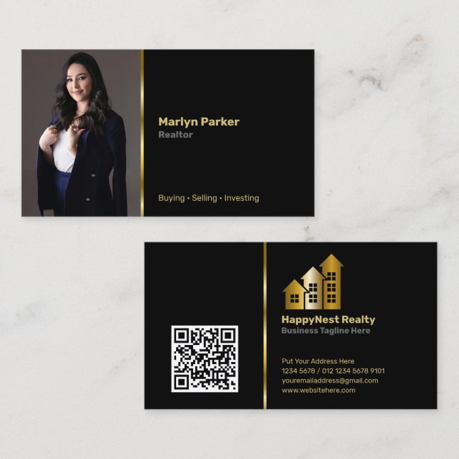 Carte De Visite Realtor avec photo personnelle, code QR et logo (Devant / Derrière)