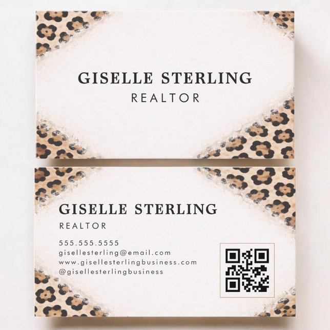 Carte De Visite Realtor Cheetah Leopard Print QR Code (Créateur téléchargé)