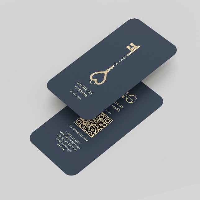 Carte De Visite Realtor Dark Blue Gold Key Monogramme moderne (Realtor Dark Blue Gold Key Monogram Modern Business Card
)