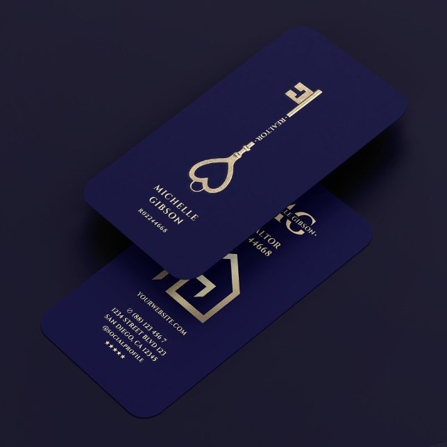 Carte De Visite Realtor Gold Key House moderne Midnight Blue (Realtor Gold Key House Modern Midnight Blue Business Card
)