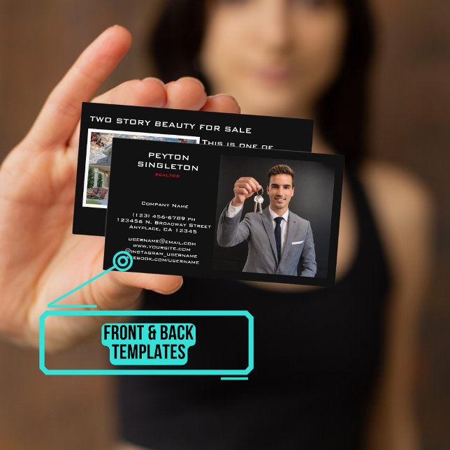 Carte De Visite Realtor Modern Black avec photo personnelle (Please enjoy our business card)