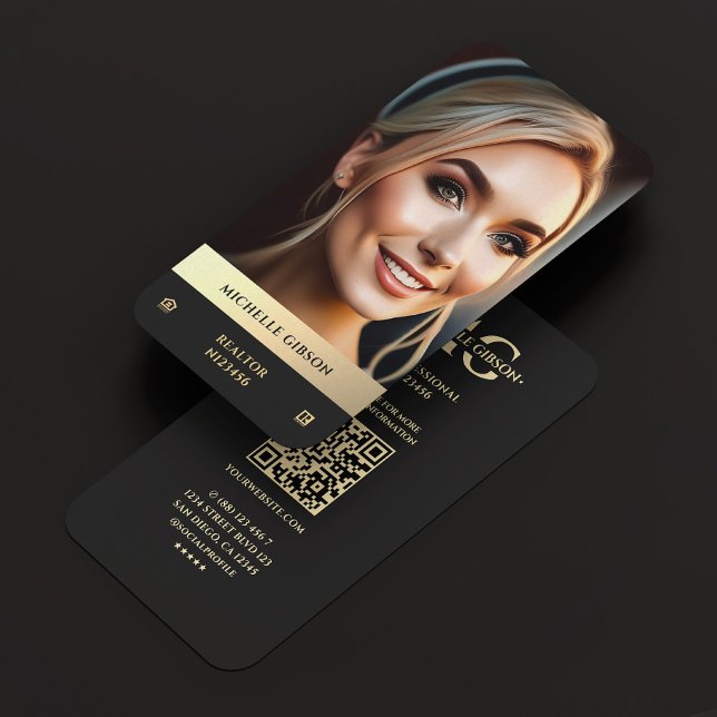 Carte De Visite Realtor moderne Black Gold Photo EHO Logo Monogram (Modern Realtor Black Gold Photo EHO Logo Monogram Business Card
)